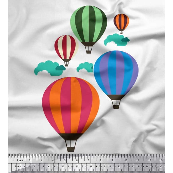 Soimoi White Cotton Voile Fabric Cloud & Hot Air Balloon Holiday Decor Fabric Printed Yard 42 Inch Wide