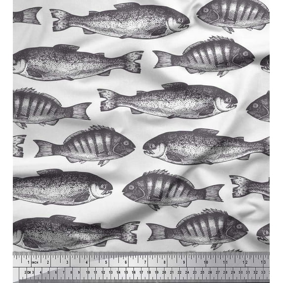 Soimoi White Cotton Voile Fabric Fish Ocean Print Fabric by the Yard 56 Inch Wide