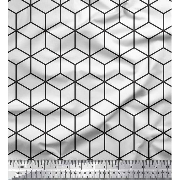 Soimoi White Cotton Voile Fabric Maze Cube Geometric Print Fabric by Yard 56 Inch Wide