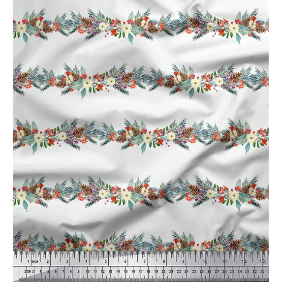 Soimoi White Cotton Voile Fabric Pine Leaves & Floral Stripe Printed Craft Fabric by The Yard 42 Inch Wide