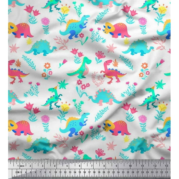 Soimoi White Crepe Silk Fabric Aster Flower & Dinosaur Kids Print Sewing Fabric Yard 42 Inch Wide