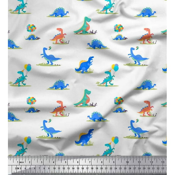 Soimoi White Heavy Canvas Fabric Balloon & Dinosaur Kids Printed Fabric 1 Yard 58 Inch Wide