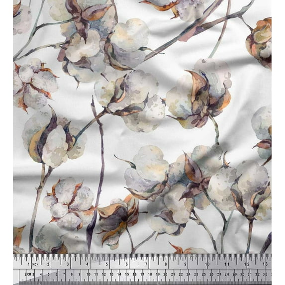 Soimoi White Heavy Canvas Fabric Cotton Ball Floral Print Sewing Fabric Yard 58 Inch Wide