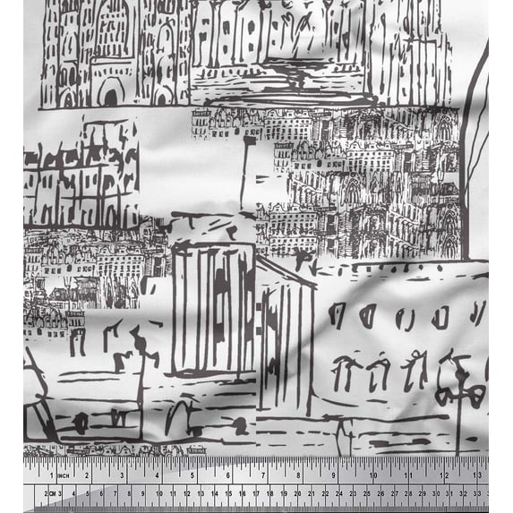 Soimoi White Heavy Satin Fabric London Theme Architectural Print Fabric by Yard 54 Inch Wide