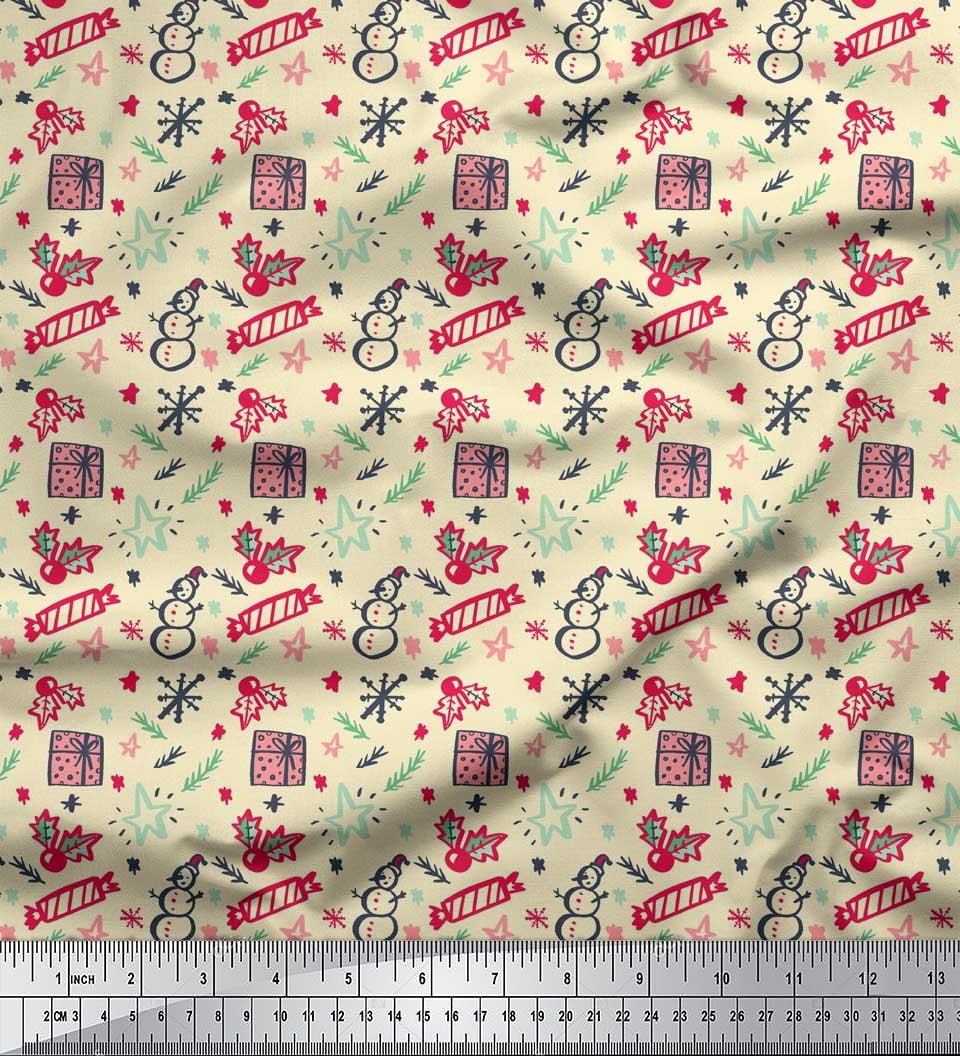 Soimoi White Heavy Satin Fabric Snowman,Candies & Gift Box Christmas Printed Fabric 1 Yard 54 Inch Wide