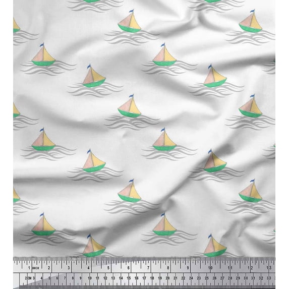 Soimoi White Heavy Satin Fabric Yacht & Waves Nautical Print Sewing Fabric Yard 54 Inch Wide