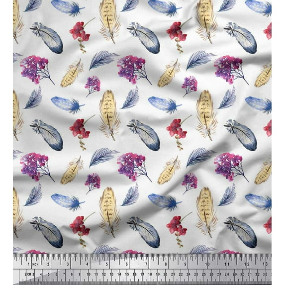 Soimoi White Japan Crepe Satin Fabric Feather & Floral Printed Fabric 1 Yard 42 Inch Wide