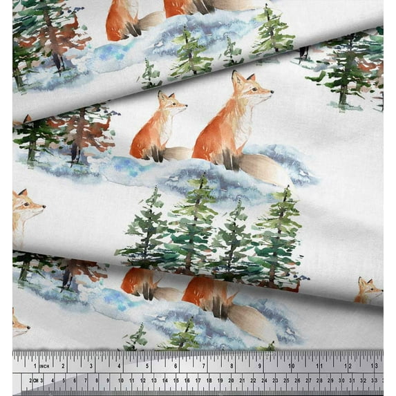 Soimoi White Japan Crepe Satin Fabric Fox & Pine Tree Printed Craft Fabric by the Yard 42 Inch Wide