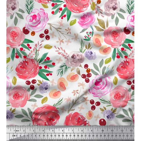 Soimoi White Japan Crepe Satin Fabric Leaves & Floral Watercolor Print Fabric by The Yard 42 Inch Wide