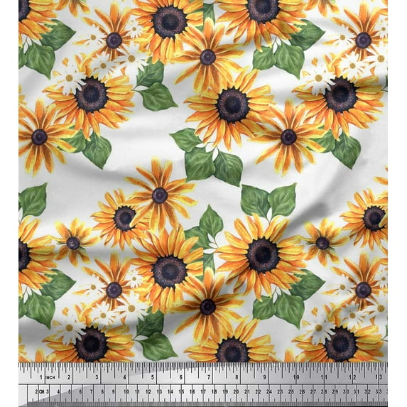 Soimoi White Japan Crepe Satin Fabric Leaves & Sunflower Floral Print Fabric by the Yard 42 Inch Wide