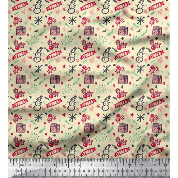 Soimoi White Japan Crepe Satin Fabric Snowman,Candies & Gift Box Christmas Fabric Prints By Yard 42 Inch Wide