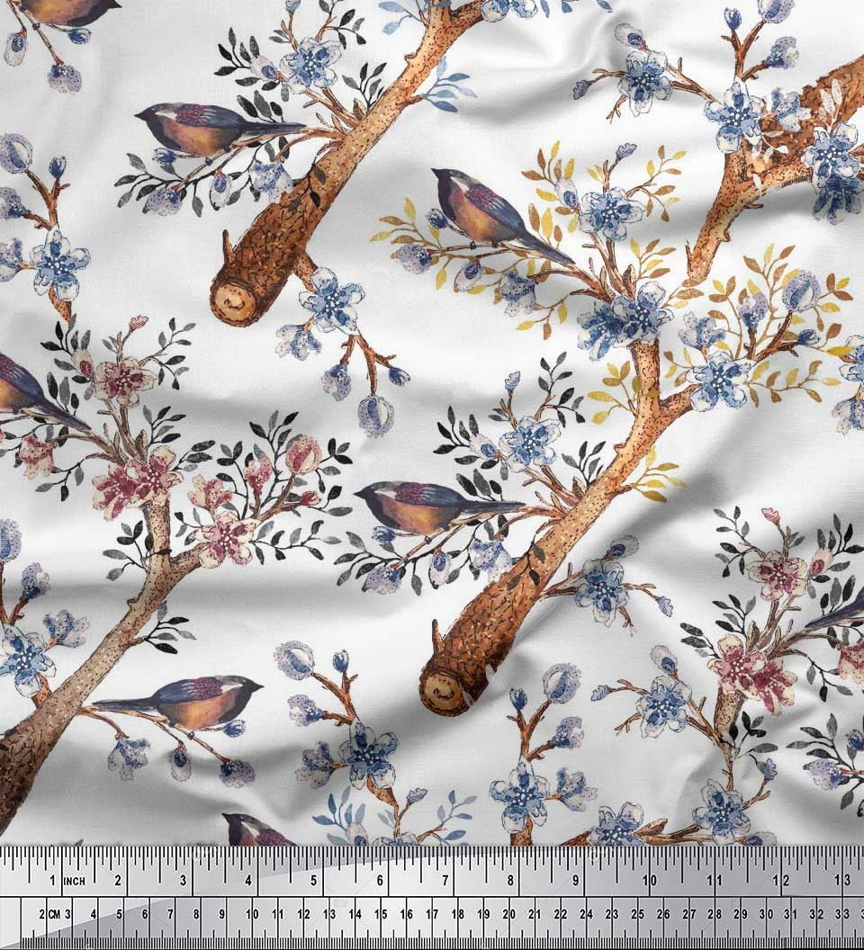 Poly Robi Soimoi White Poly Georgette Fabric Blue Floral & American Robin Bird ...