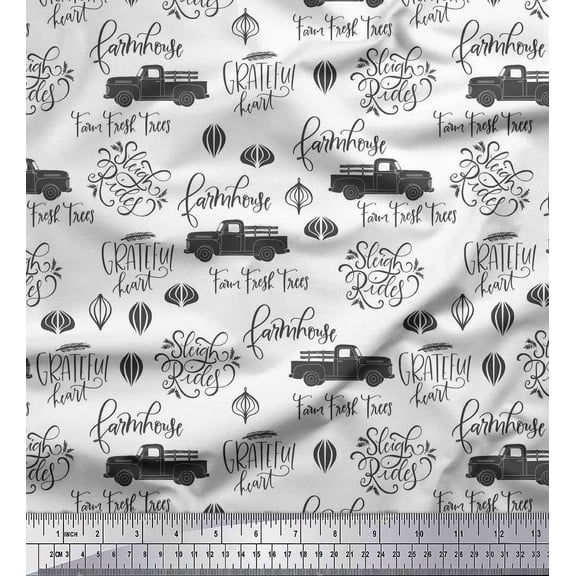 Soimoi White Poly Georgette Fabric Cartruck & Farmhouse Text Print Sewing Fabric Yard 42 Inch Wide