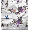 thumbnail image 1 of Soimoi White Poly Georgette Fabric Floral & Flowerpecker Bird Printed Fabric 1 Yard 52 Inch Wide, 1 of 3