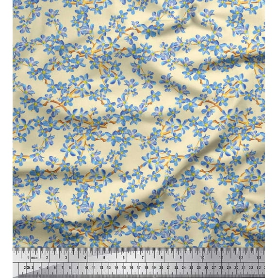 Soimoi White Poly Georgette Fabric Forget Me Not Bush Floral Printed Fabric 1 Yard 52 Inch Wide