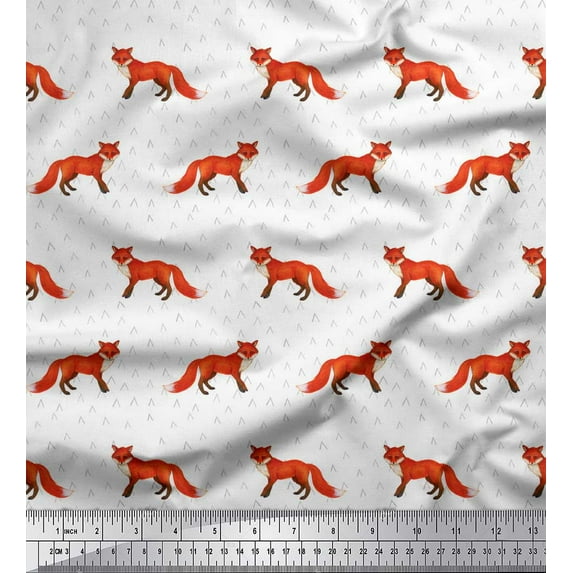 Soimoi White Poly Georgette Fabric Fox Animal Print Fabric by the Yard 42 Inch Wide