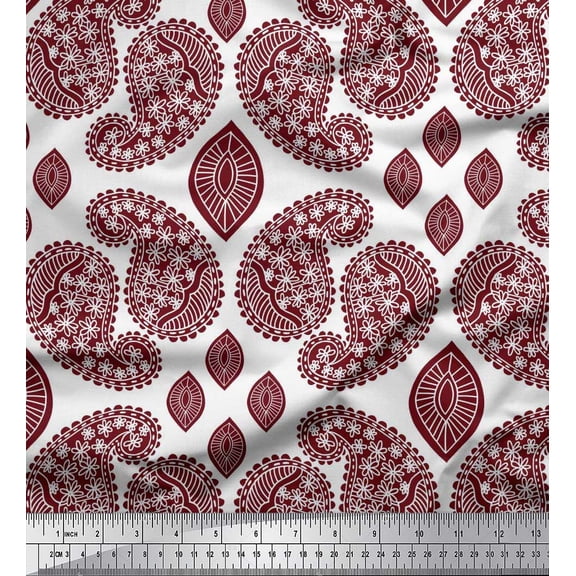 Soimoi White Poly Georgette Fabric Maroon Paisley Printed Fabric 1 Yard 52 Inch Wide