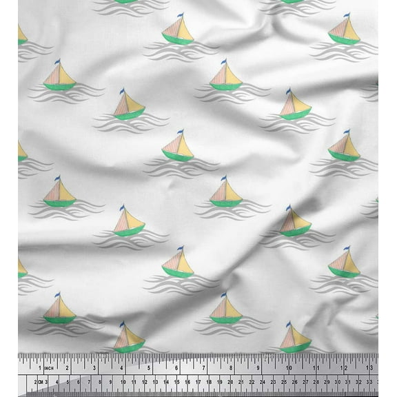 Soimoi White Poly Georgette Fabric Yacht & Waves Nautical Fabric Prints By Yard 52 Inch Wide