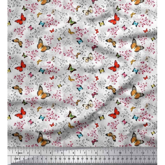 Soimoi White Polyester Crepe Fabric Flower & Butterfly Fabric Prints by Yard 42 Inch Wide