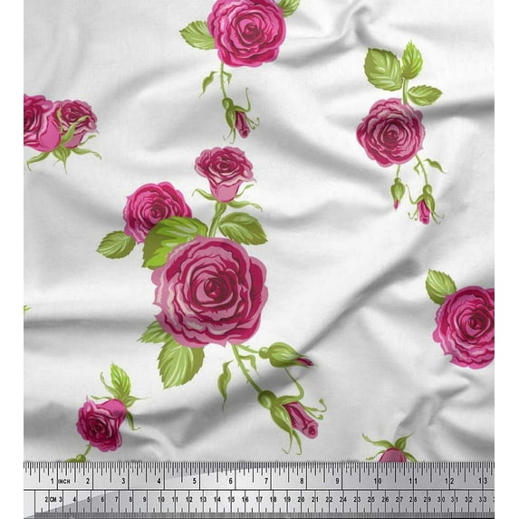 Soimoi White Polyester Crepe Fabric Leaves & Pink Rose Flower Print Fabric by Yard 52 Inch Wide