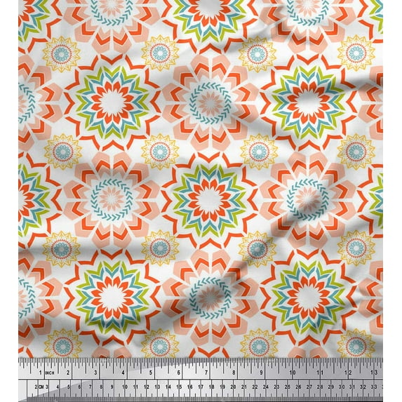 Soimoi White Rayon Crepe Fabric Multicolor Mandala Decor Fabric Printed Yard 46 Inch Wide
