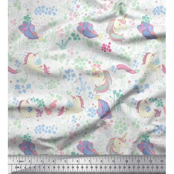 Soimoi White Rayon Crepe Fabric Unicorn & Floral Print Fabric by the Yard 46 Inch Wide