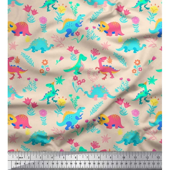Soimoi White Rayon Fabric Aster Flower & Dinosaur Kids Print Sewing Fabric Yard 42 Inch Wide