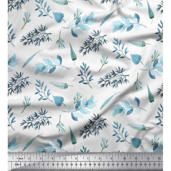 Soimoi White Rayon Fabric Flower Leaves Print Fabric by the Yard 42 Inch Wide