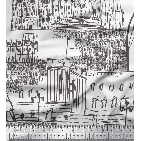 Soimoi White Rayon Fabric London Theme Architectural Printed Craft Fabric by the Yard 42 Inch Wide
