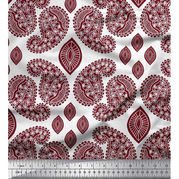 Soimoi White Rayon Fabric Maroon Paisley Print Fabric by the Yard 42 Inch Wide