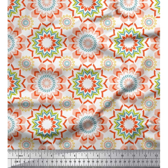 Soimoi White Rayon Fabric Multicolor Mandala Print Fabric by Yard 56 Inch Wide
