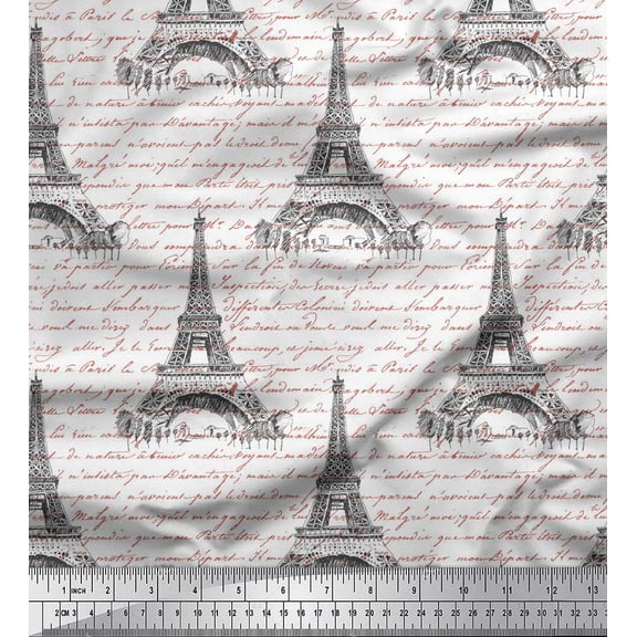 Soimoi White Rayon Fabric Text & Eiffel Tower Architectural Decor Fabric Printed Yard 42 Inch Wide