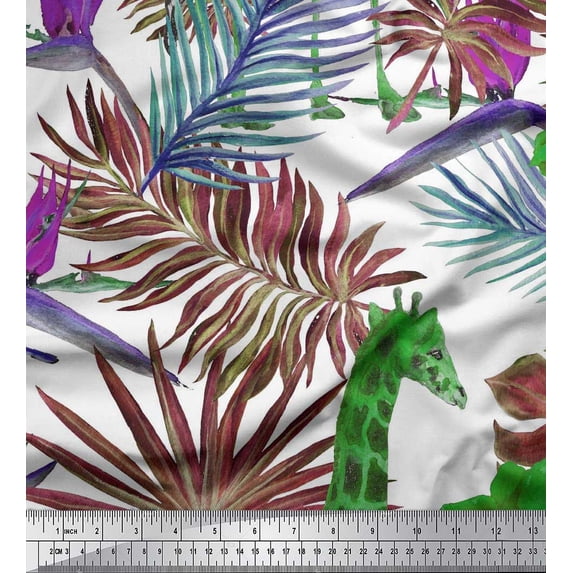 Soimoi White Rayon Fabric Tropical Leaves,Floral & Giraffe Face Animal Printed Craft Fabric by The Yard 56 Inch Wide