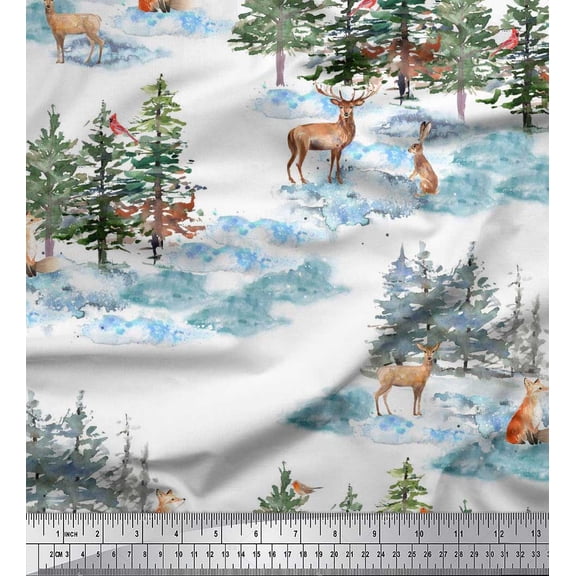 Soimoi White Silk Fabric Animals & Pine Tree Printed Fabric 1 Yard 42 Inch Wide
