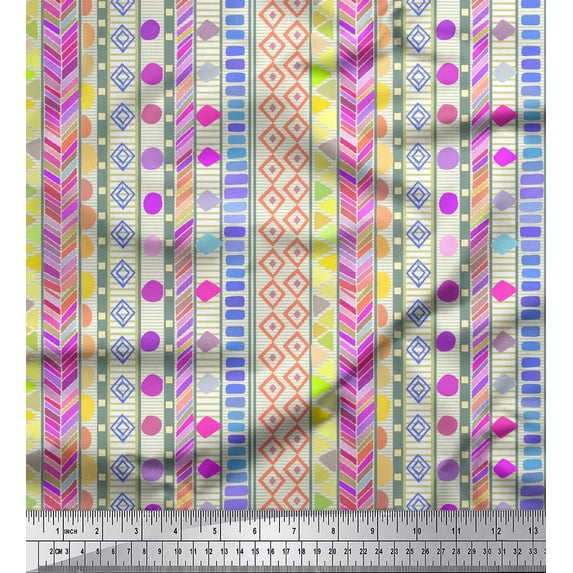 Soimoi White Silk Fabric Aztec Geometric Decor Fabric Printed Yard 42 Inch Wide