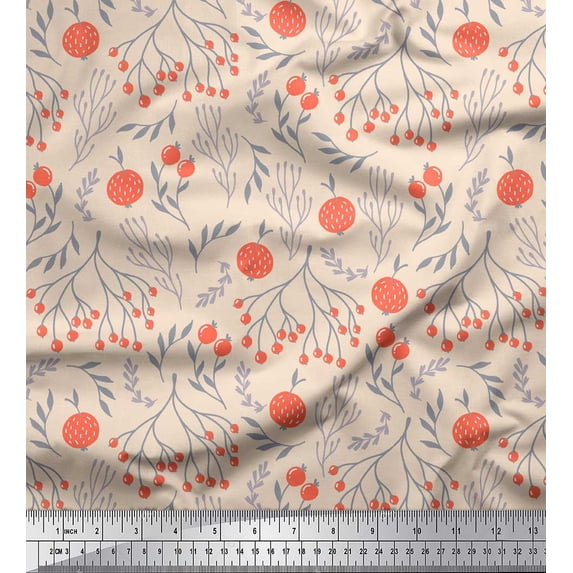 Soimoi White Silk Fabric Branch & Red Berries Fruits Decor Fabric Printed Yard 42 Inch Wide