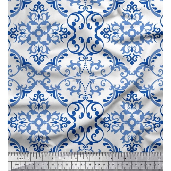 Soimoi White Silk Fabric Filigree Damask Print Fabric by the Yard 42 Inch Wide