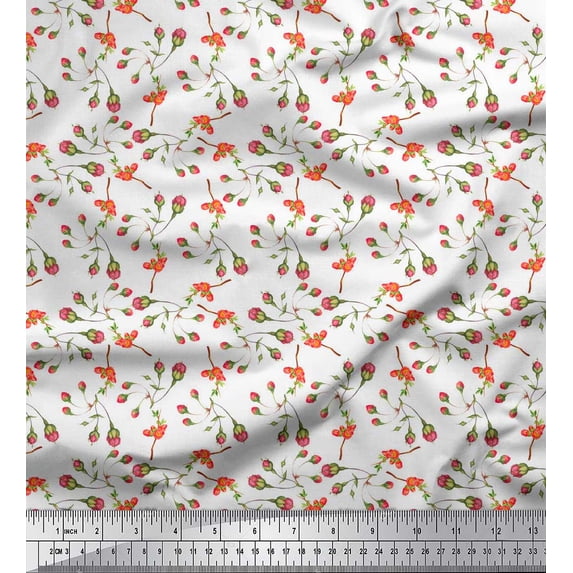 Soimoi White Silk Fabric Leaves & Buds Floral Decor Fabric Printed Yard 42 Inch Wide