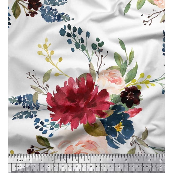 Soimoi White Silk Fabric Leaves & Peony Floral Printed Fabric 1 Yard 42 Inch Wide