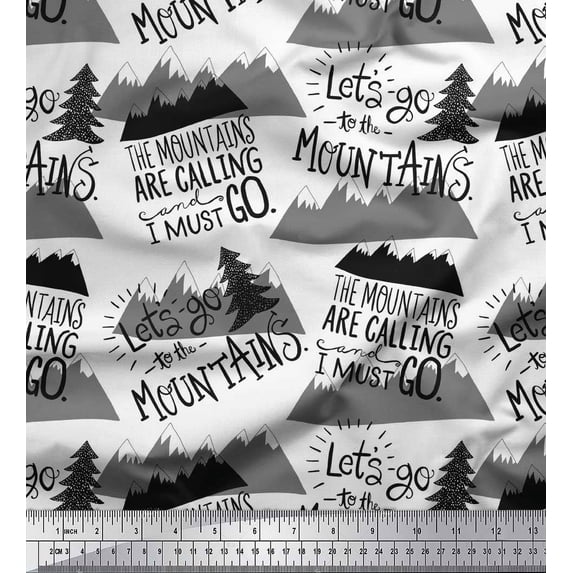 Soimoi White Silk Fabric Mountains & Text Print Fabric by the Yard 42 Inch Wide