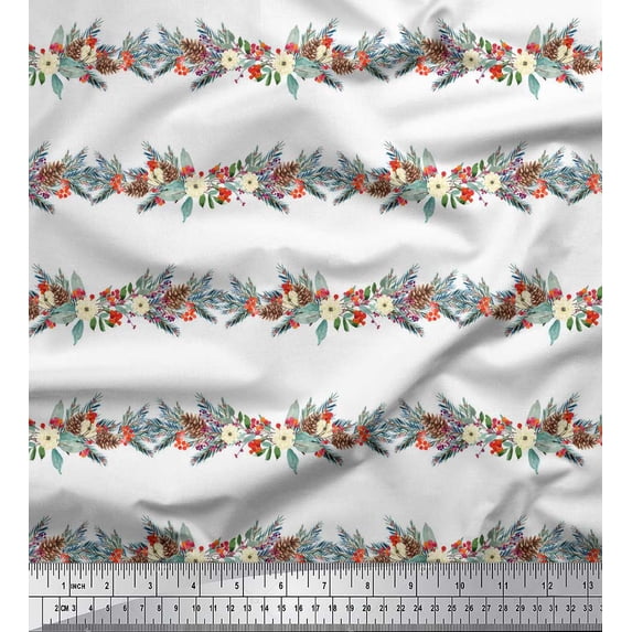 Soimoi White Silk Fabric Pine Leaves & Floral Stripe Print Fabric by Yard 42 Inch Wide