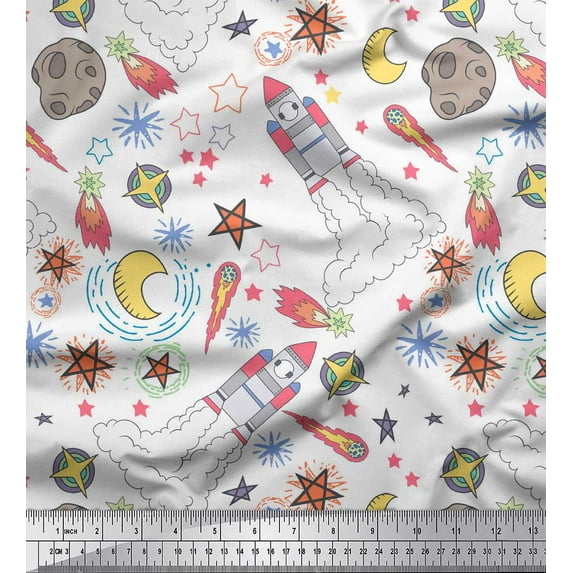 Soimoi White Silk Fabric Stars & Rocket Galaxy Decor Fabric Printed Yard 42 Inch Wide