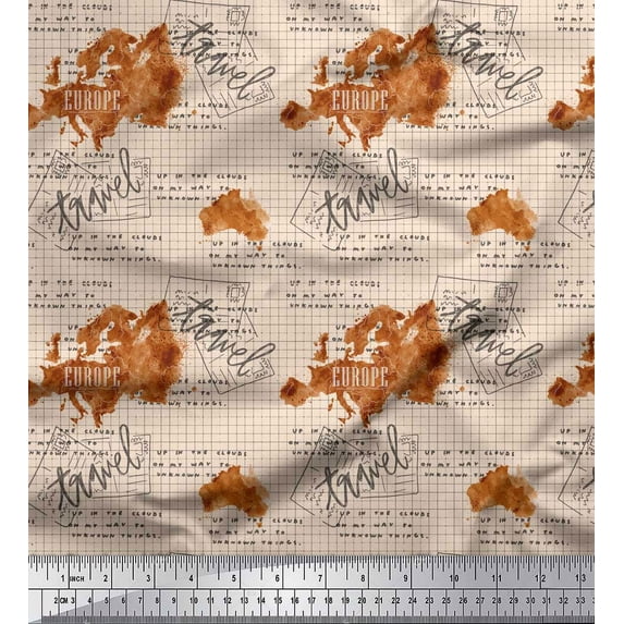 Soimoi White Silk Fabric Text & Europe Map Travel Fabric Prints By Yard 42 Inch Wide