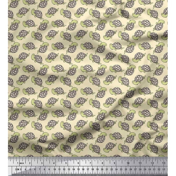 Soimoi White Silk Fabric Tortoise Ocean Print Fabric by Yard 42 Inch Wide