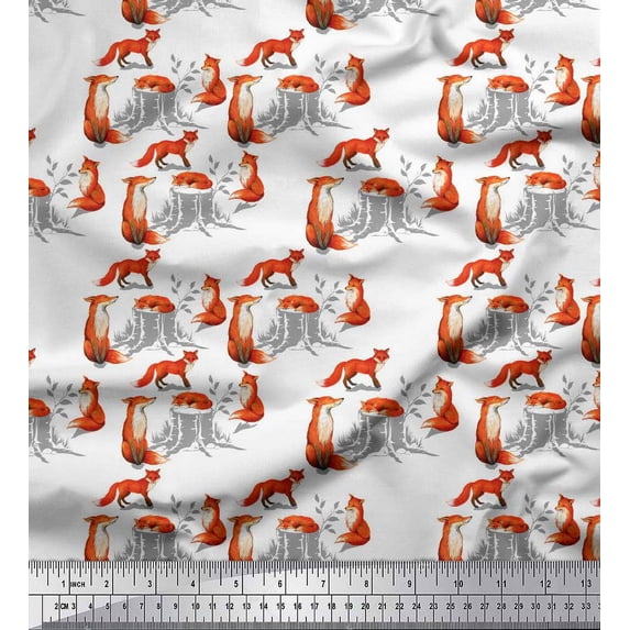 Soimoi White Silk Fabric Tree Stump & Fox Animal Print Fabric by the Yard 42 Inch Wide