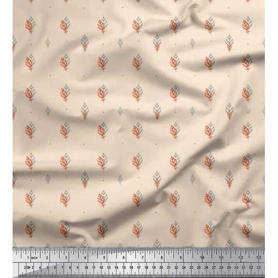 Soimoi White Silk Fabric Tribal Leaves Print Fabric by the Yard 44 Inch Wide