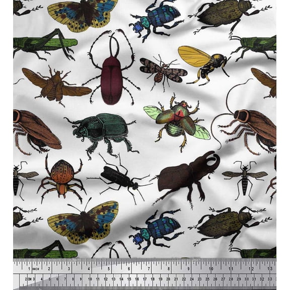 Soimoi White Velvet Fabric Beetle & Honey Bee Insects Print Sewing Fabric BTY 58 Inch Wide