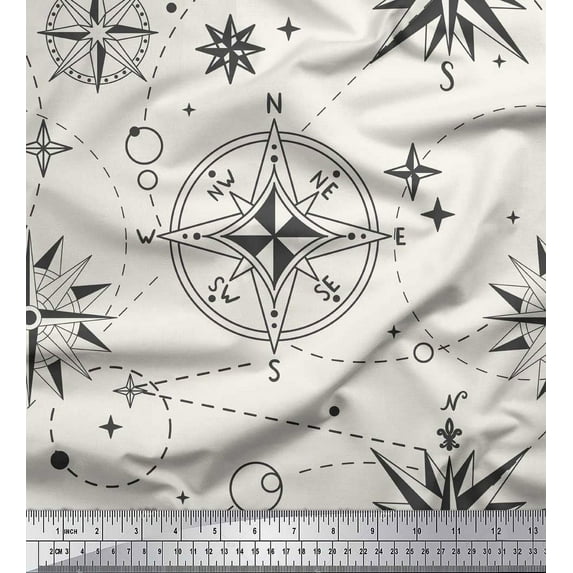 Soimoi White Velvet Fabric Direction Compass Nautical Print Fabric by Yard 58 Inch Wide