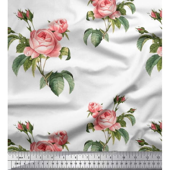 Soimoi White Velvet Fabric Leaves & Rose Floral Print Fabric by the Yard 58 Inch Wide