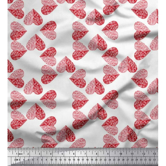 Soimoi White Velvet Fabric Red Heart Print Fabric by the Yard 58 Inch Wide